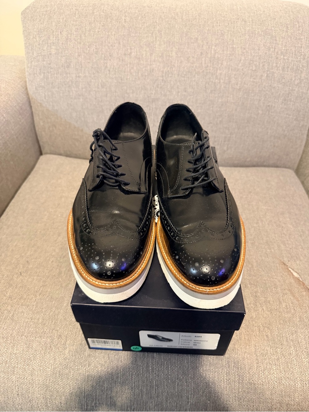 Black Wingtip Platform Sneakers with Brown Trim